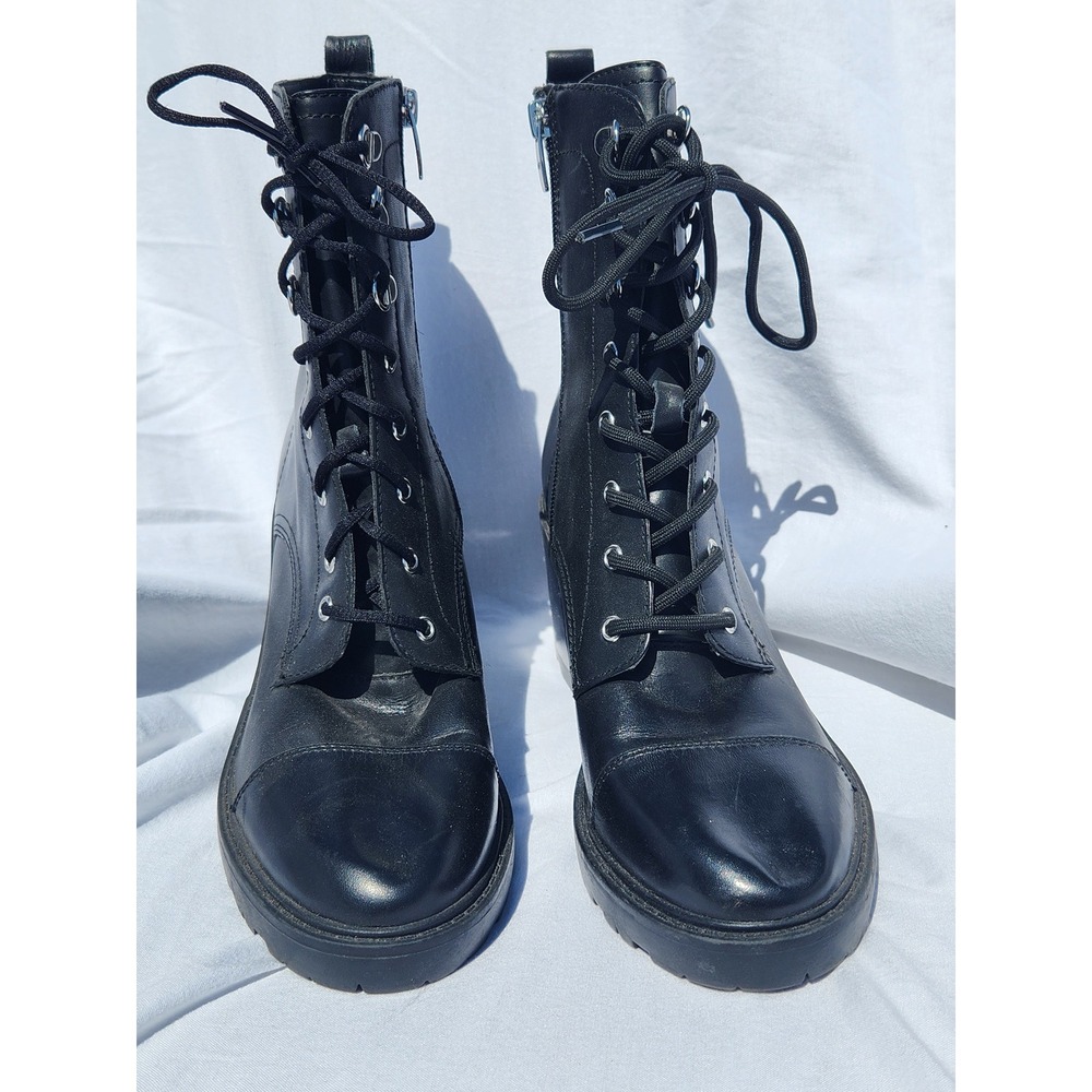 Marc Fisher MFLANIE Black‎ Leather Lace Up Side Zip Block Heel Combat Boots 9.5M
